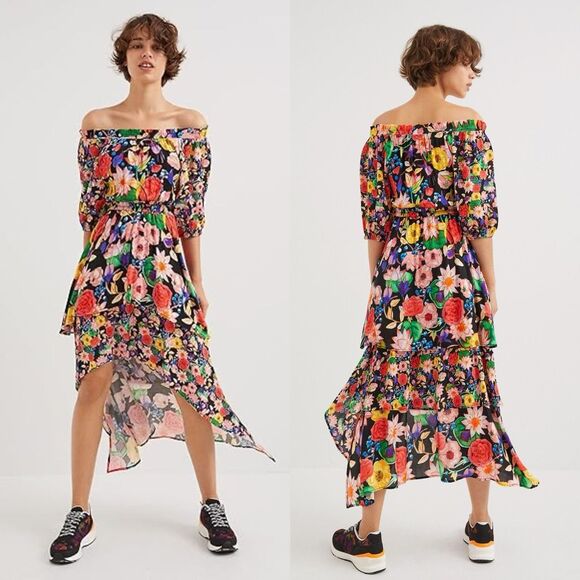 Desigual Dresses & Skirts - NWT Desigual Multicolor Off-Shoulder Tiered Floral Hi-Lo Dress Size L